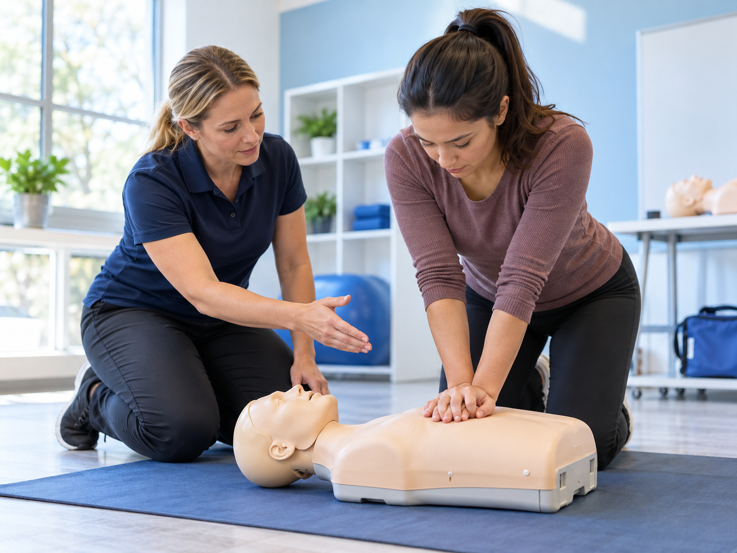Illustrative photo of an instructor guiding one student through chest compressions on a CPR training manikin
