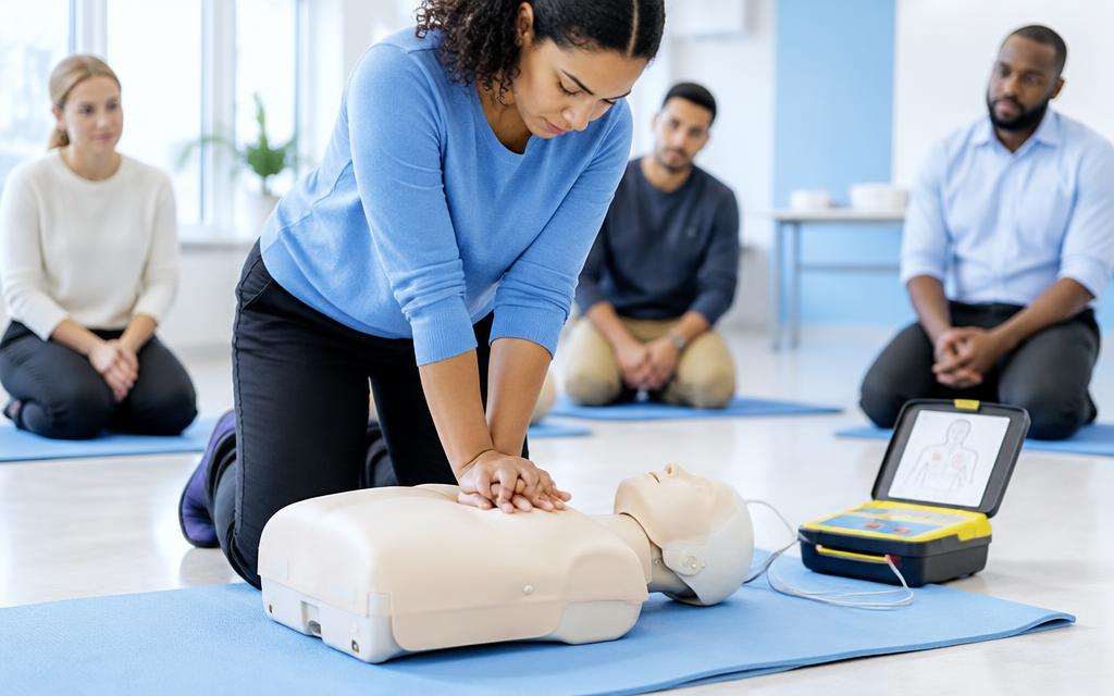 Stock photograph of a learner performing chest compressions on a CPR training manikin with an AED trainer nearby
